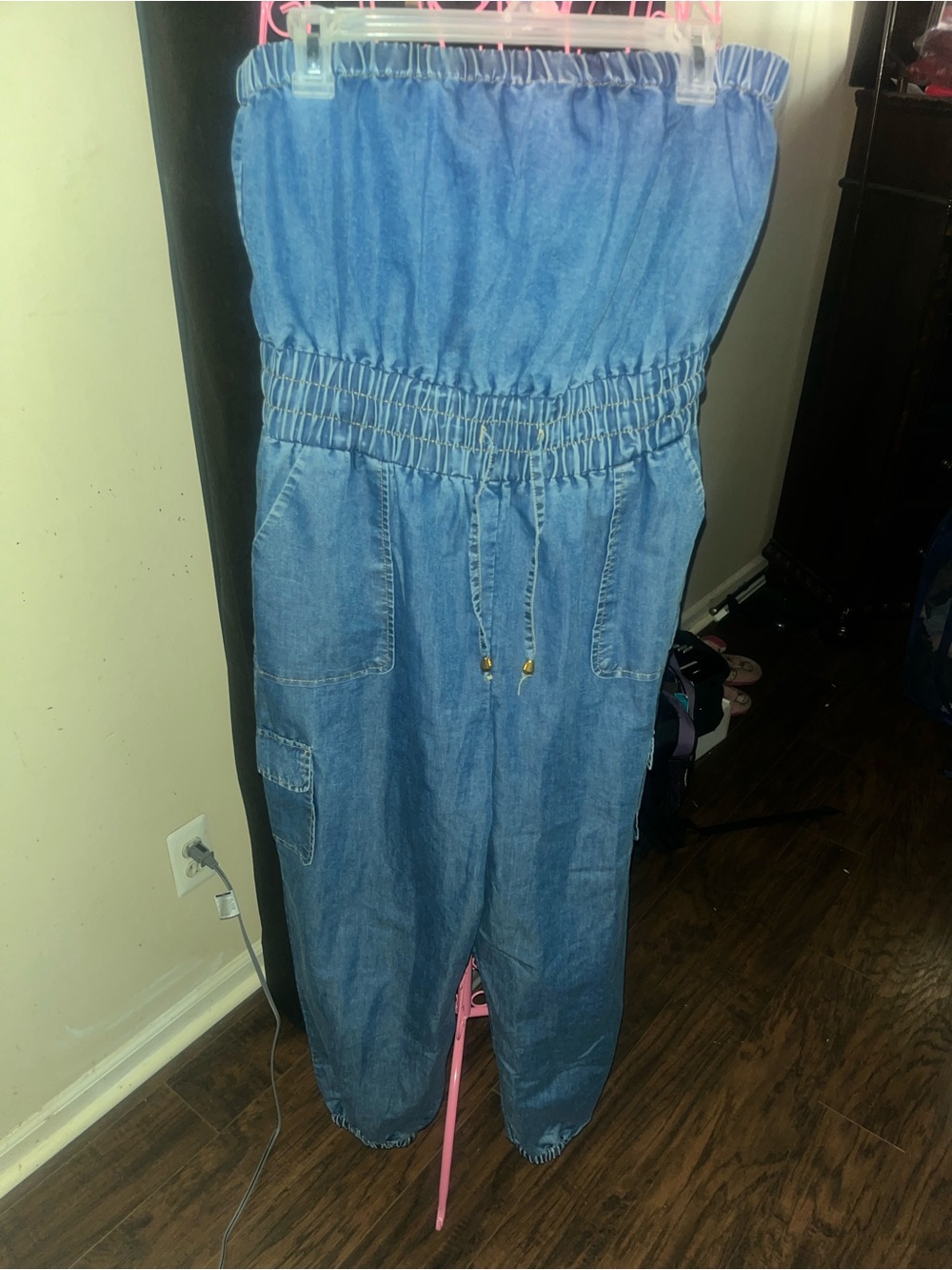 Denim Strapless Jumpsuit with Drawstring Waist